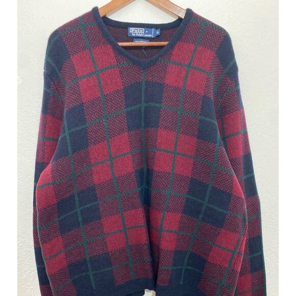 VTG Polo by Ralph Lauren Men XL100% Lambswool Plaid Sweater Grandpacore Holiday - Picture 3 of 6